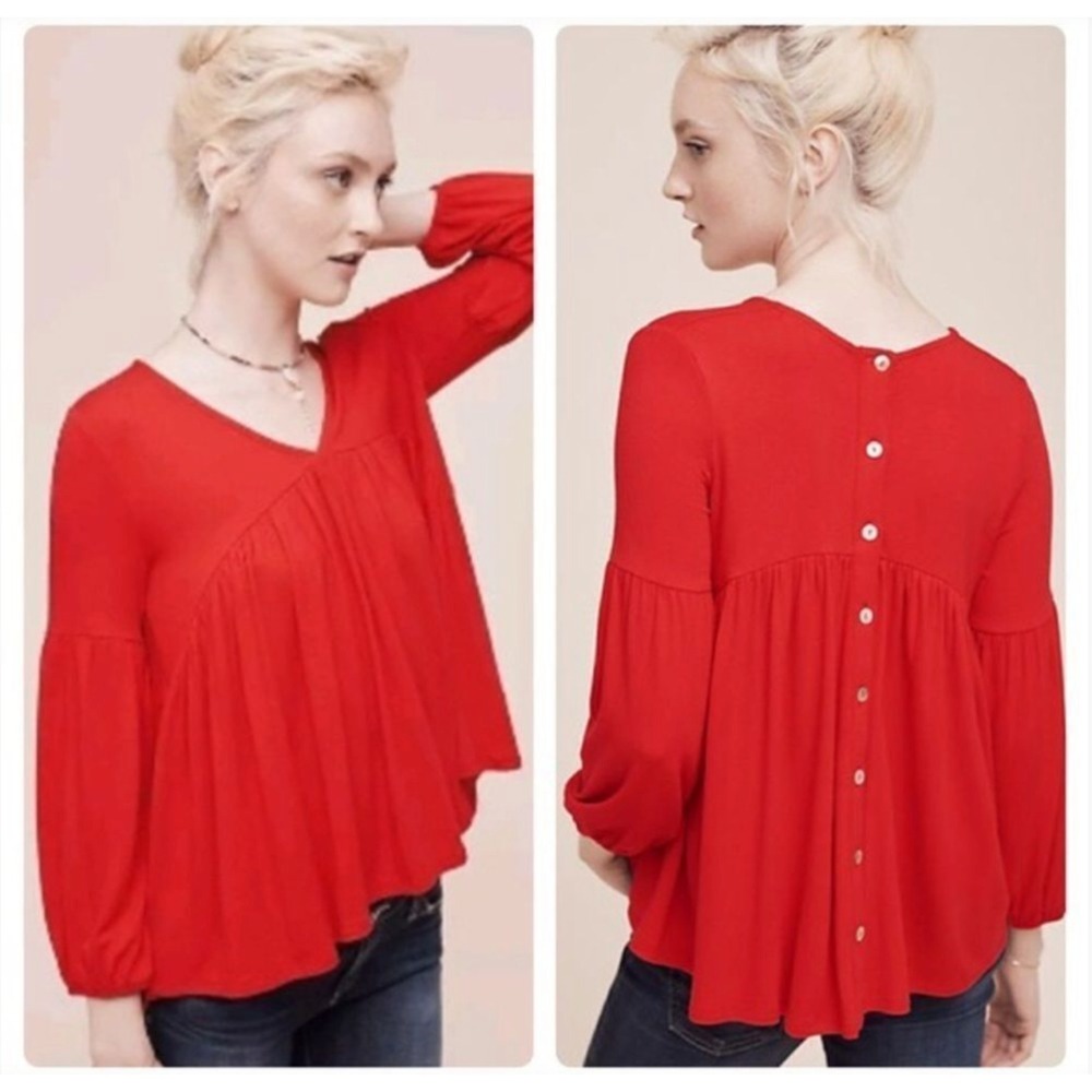 Eri + Ali Anthropologie Red Button Back Blouse XS Boho‎ Swingy Tunic Top